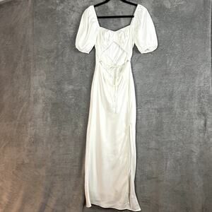 Lulus Maxi Dress Womens S White‎ Cutout Puff Sleeve Milkmaid Bridal Satin